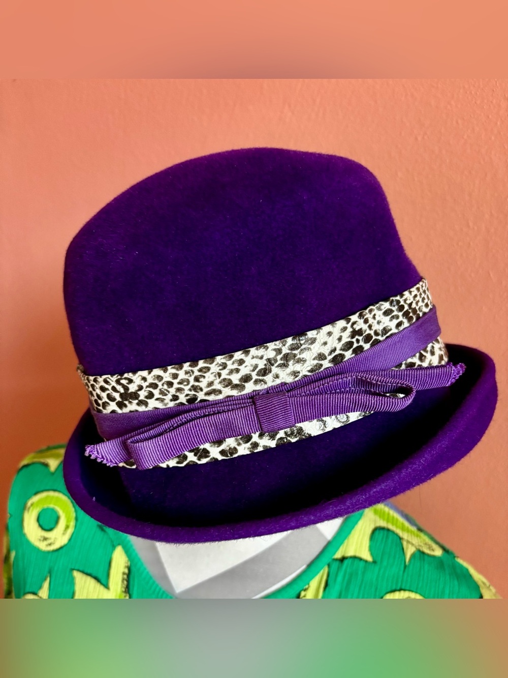 Vintage Genuine Velour Purple Felt Cloche Hat with Animal-Print Trim